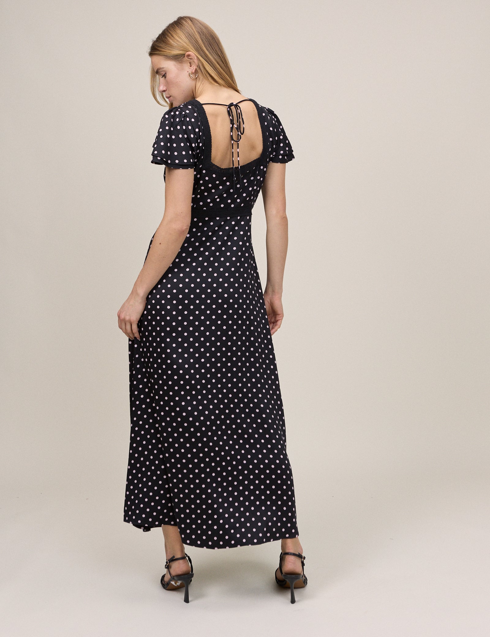 Black Polka Dot Lace Trim Iris Midi Dress