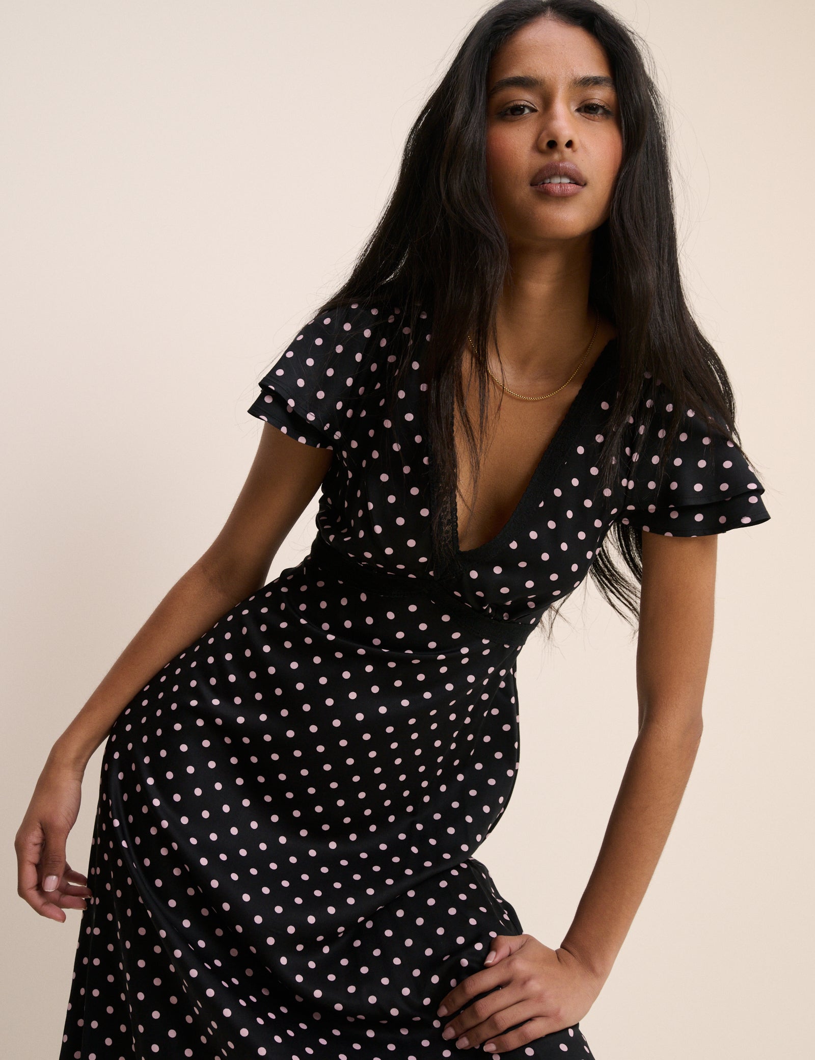 Black Polka Dot Lace Trim Iris Midi Dress Black Polka Dot Lace Trim Iris Midi Dress