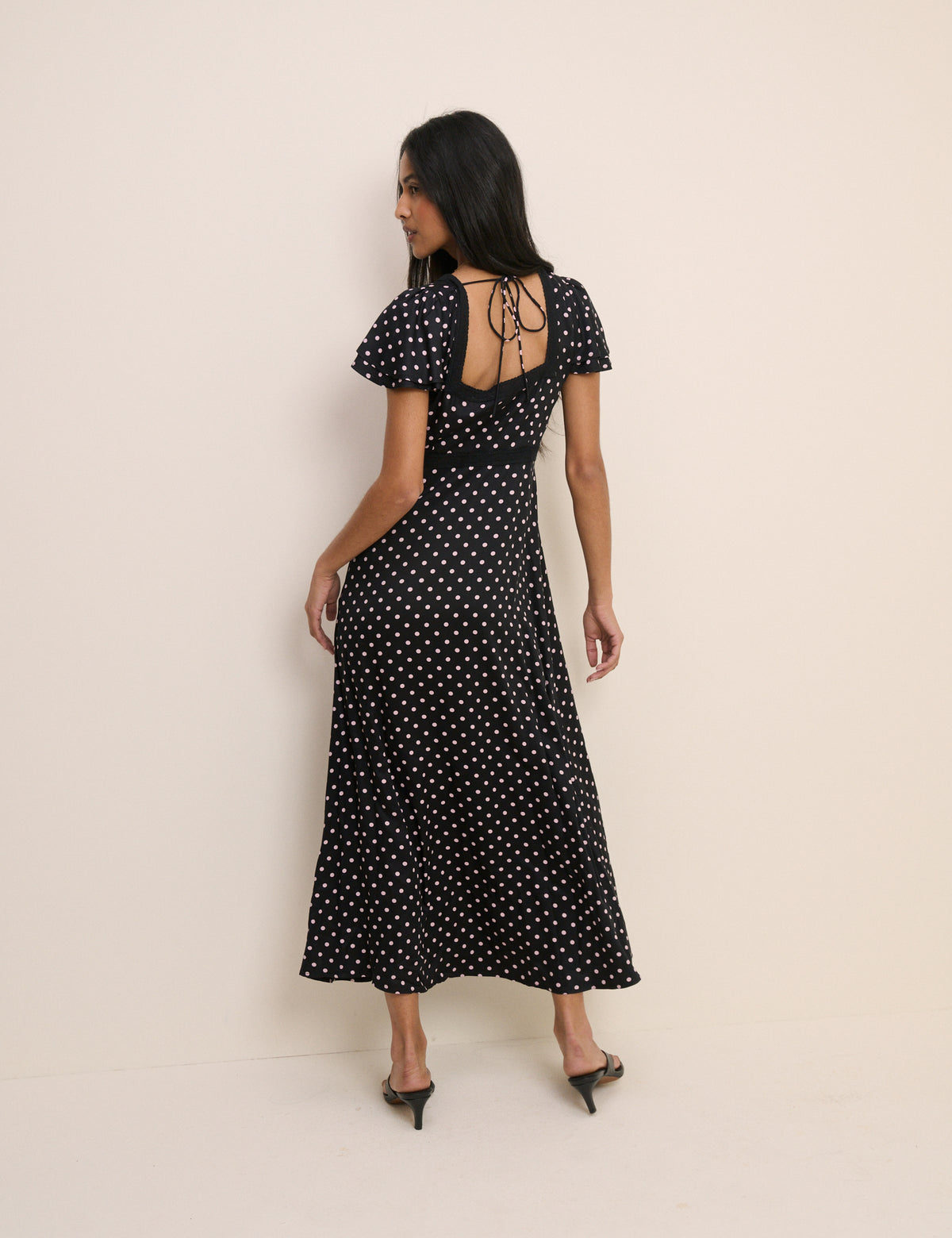 Black Polka Dot Lace Trim Iris Midi Dress