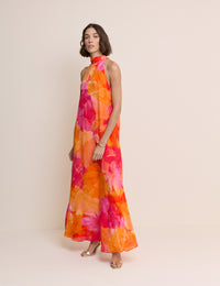 Pink and Orange Floral Halterneck Nala Maxi Dress