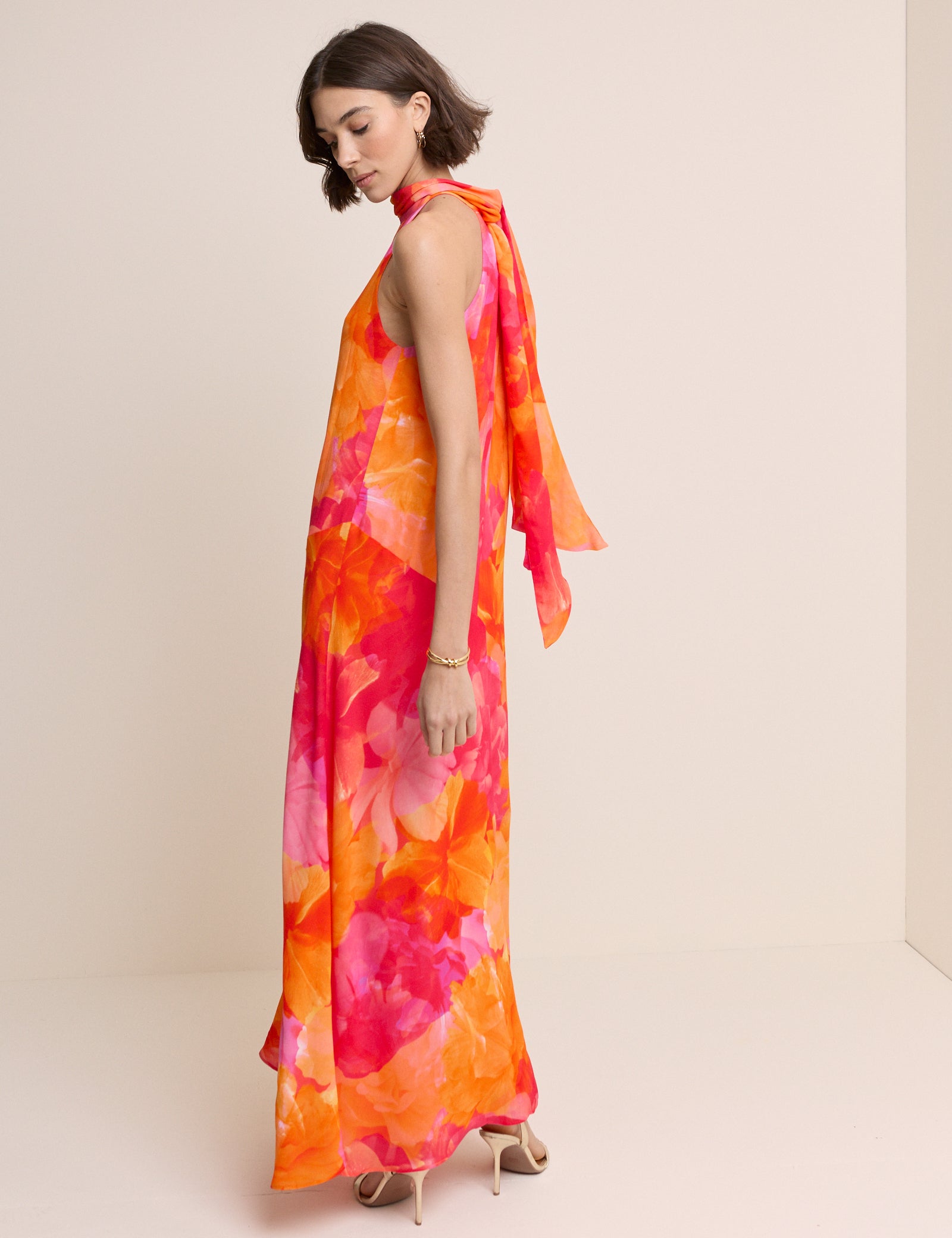 Pink and Orange Floral Halterneck Nala Maxi Dress
