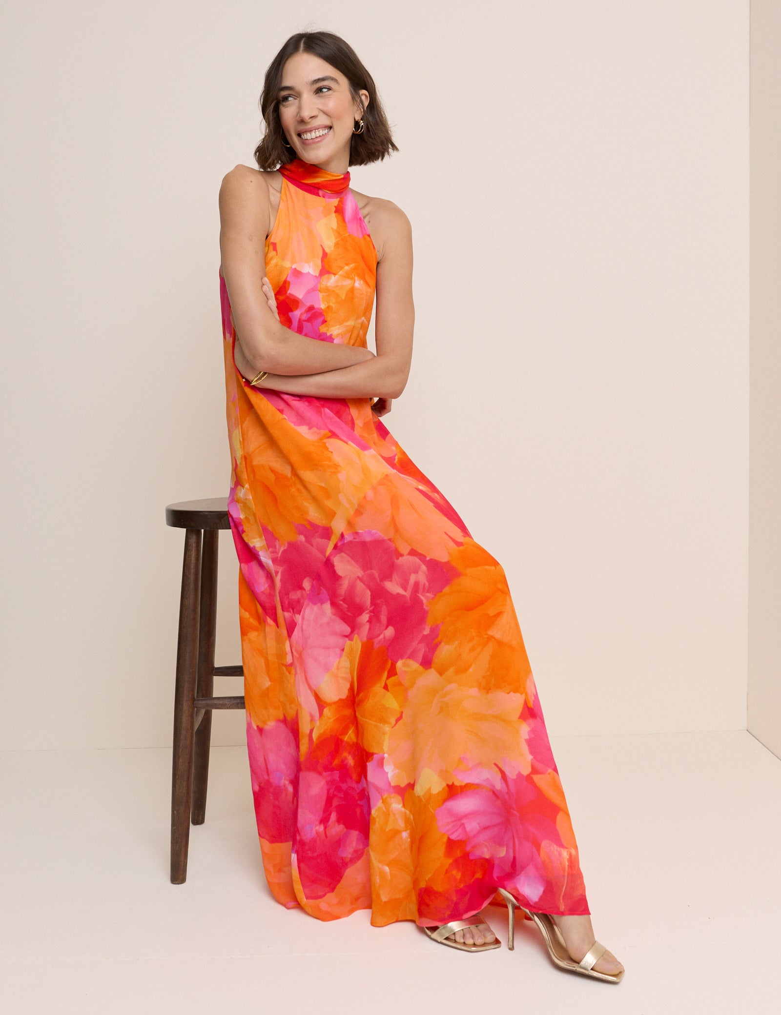 Pink and Orange Floral Halterneck Nala Maxi Dress
