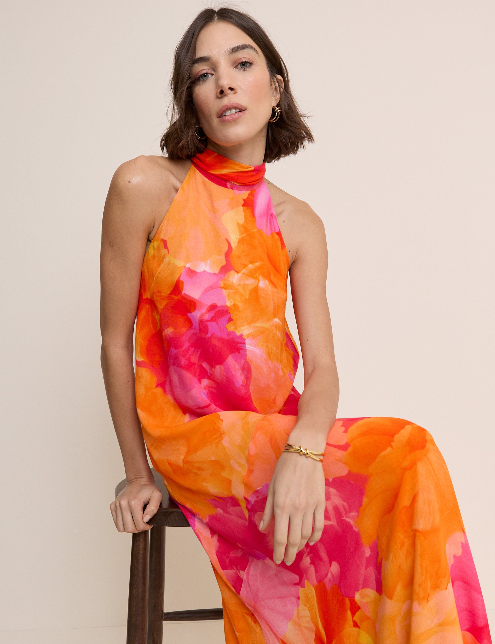 Pink and Orange Floral Halterneck Nala Maxi Dress