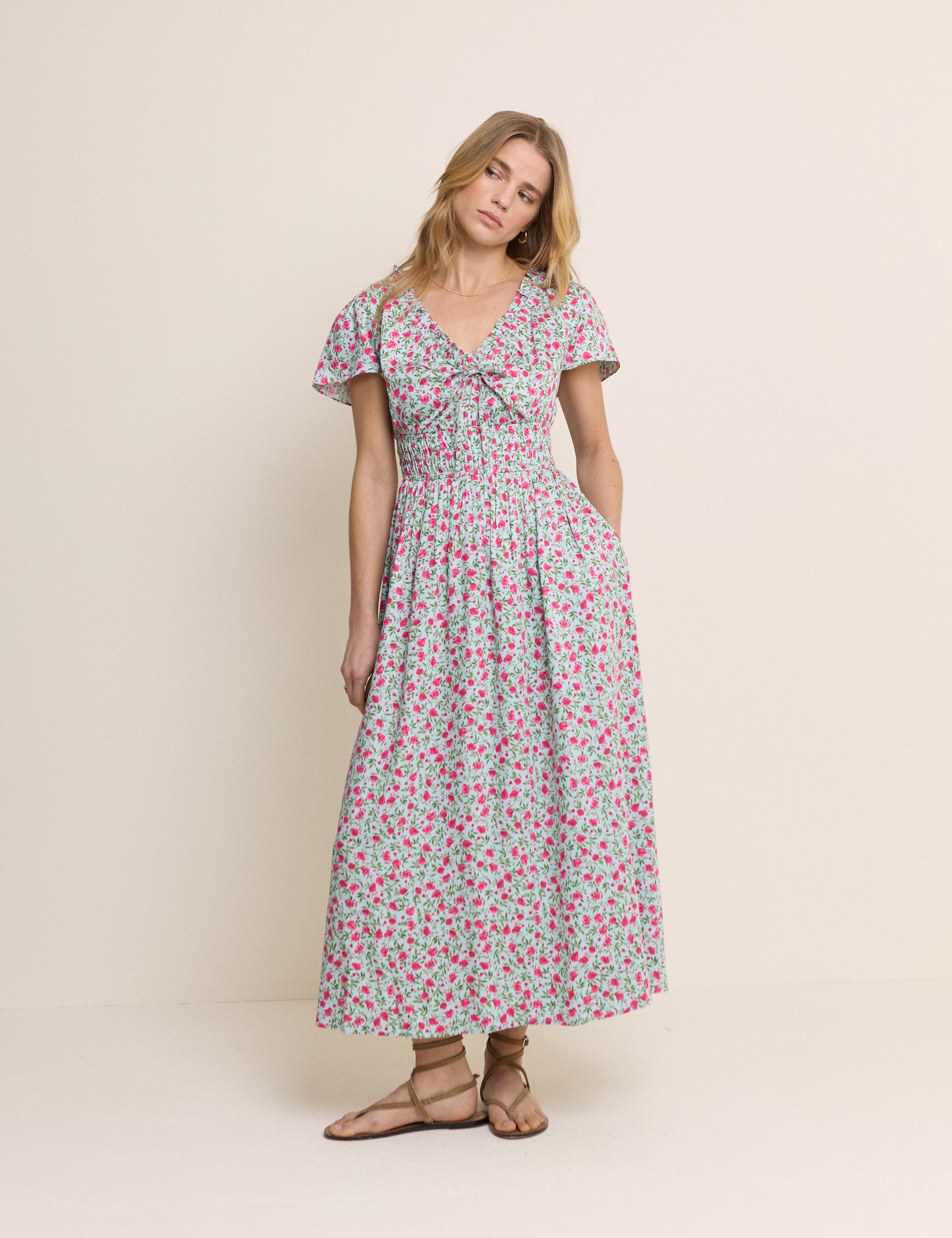 Blue Floral Shirred Lisa Midi Dress