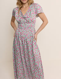 Blue Floral Shirred Lisa Midi Dress