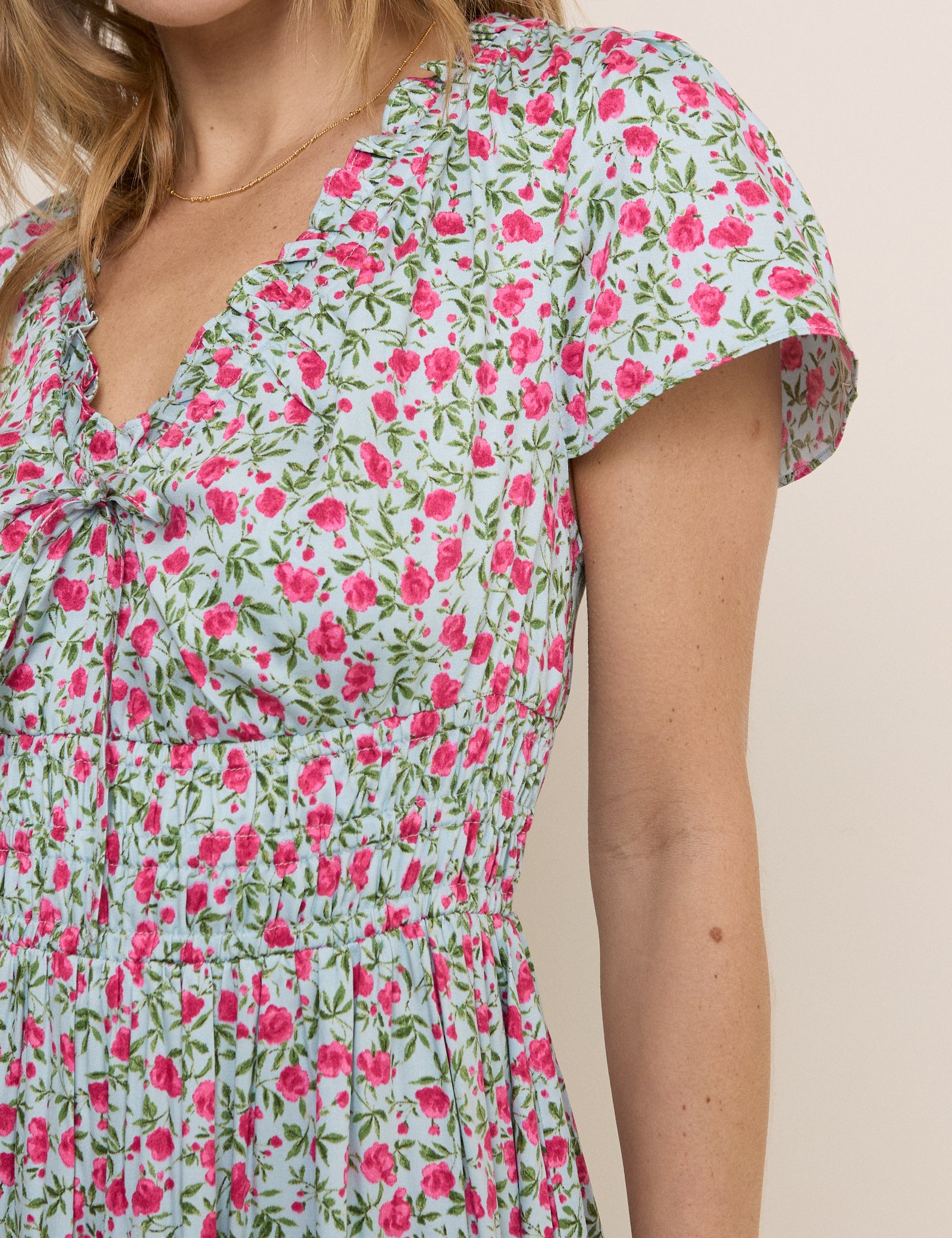 Blue Floral Shirred Lisa Midi Dress