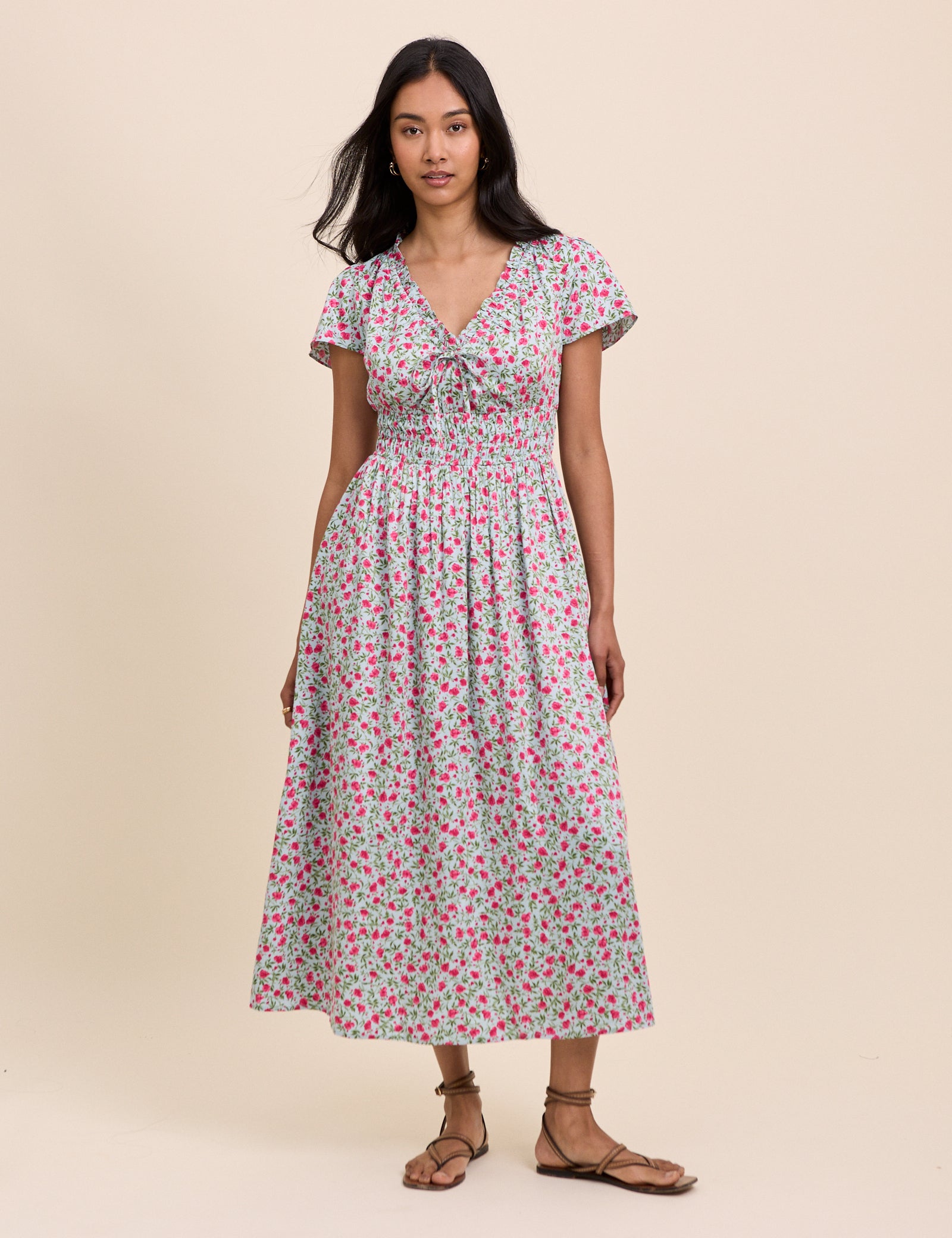 blue and pink floral midi dress Historically Inspired Sheer Smocked Chemise Dress in White Floral Cotton S
