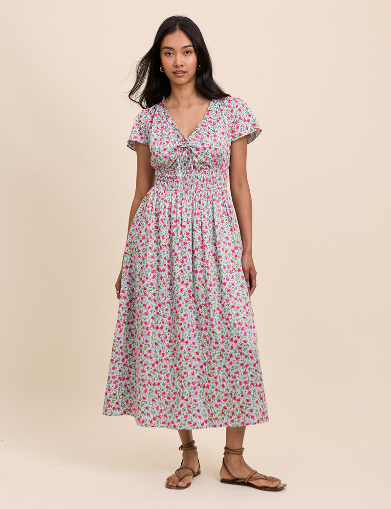 Blue Floral Shirred Lisa Midi Dress