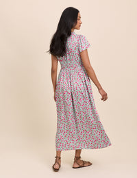 Blue Floral Shirred Lisa Midi Dress