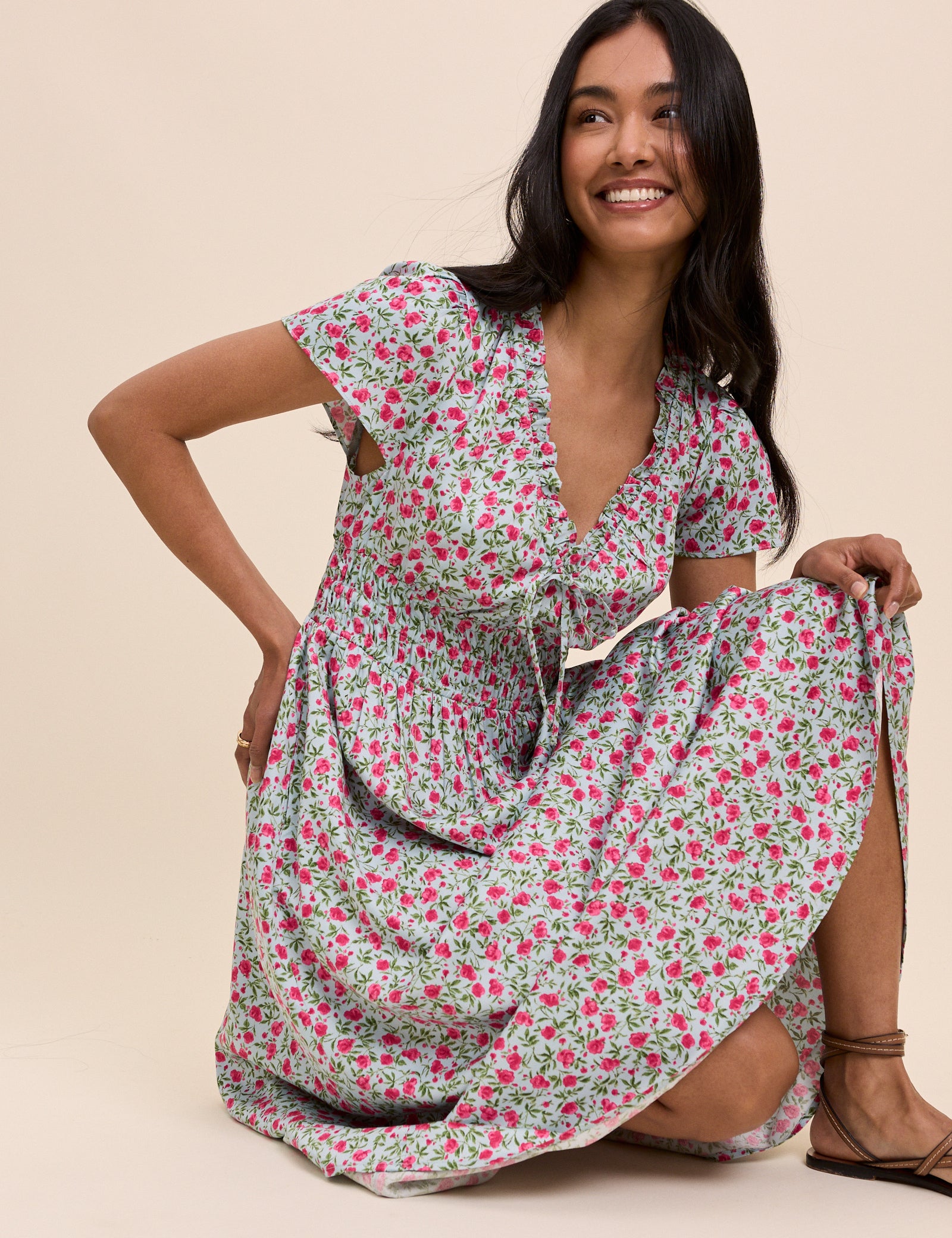 Blue Floral Shirred Lisa Midi Dress