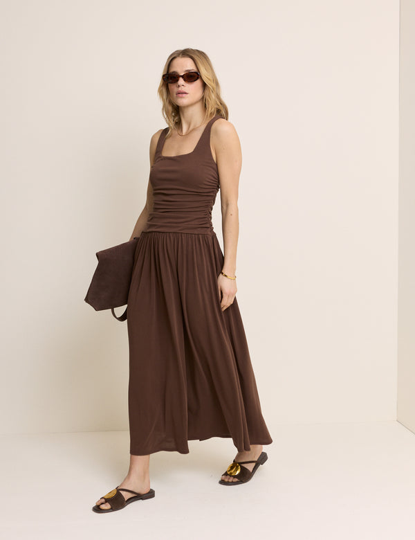 Brown Ruched Natalie Sleeveless Midi Dress
