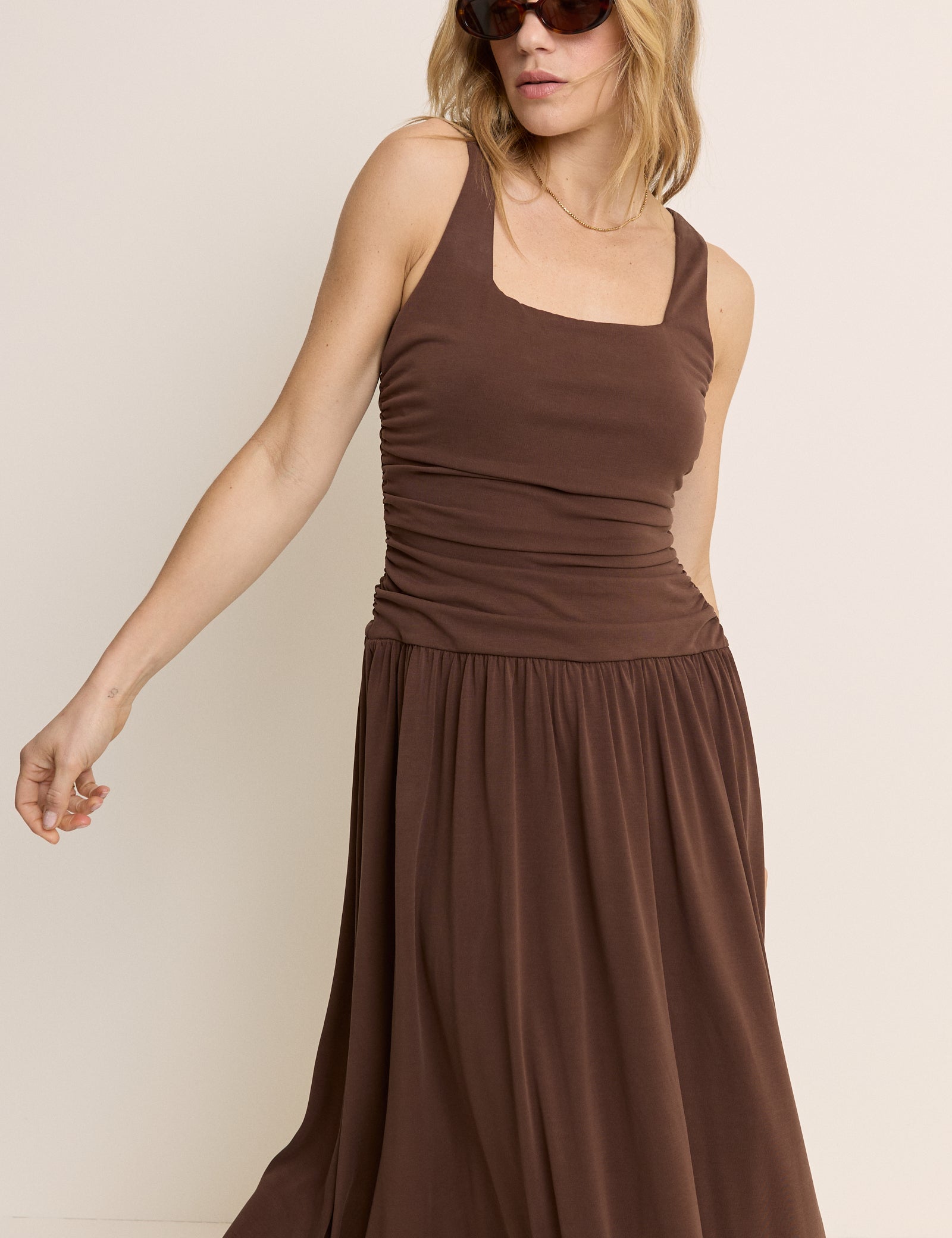 Brown Ruched Natalie Sleeveless Midi Dress