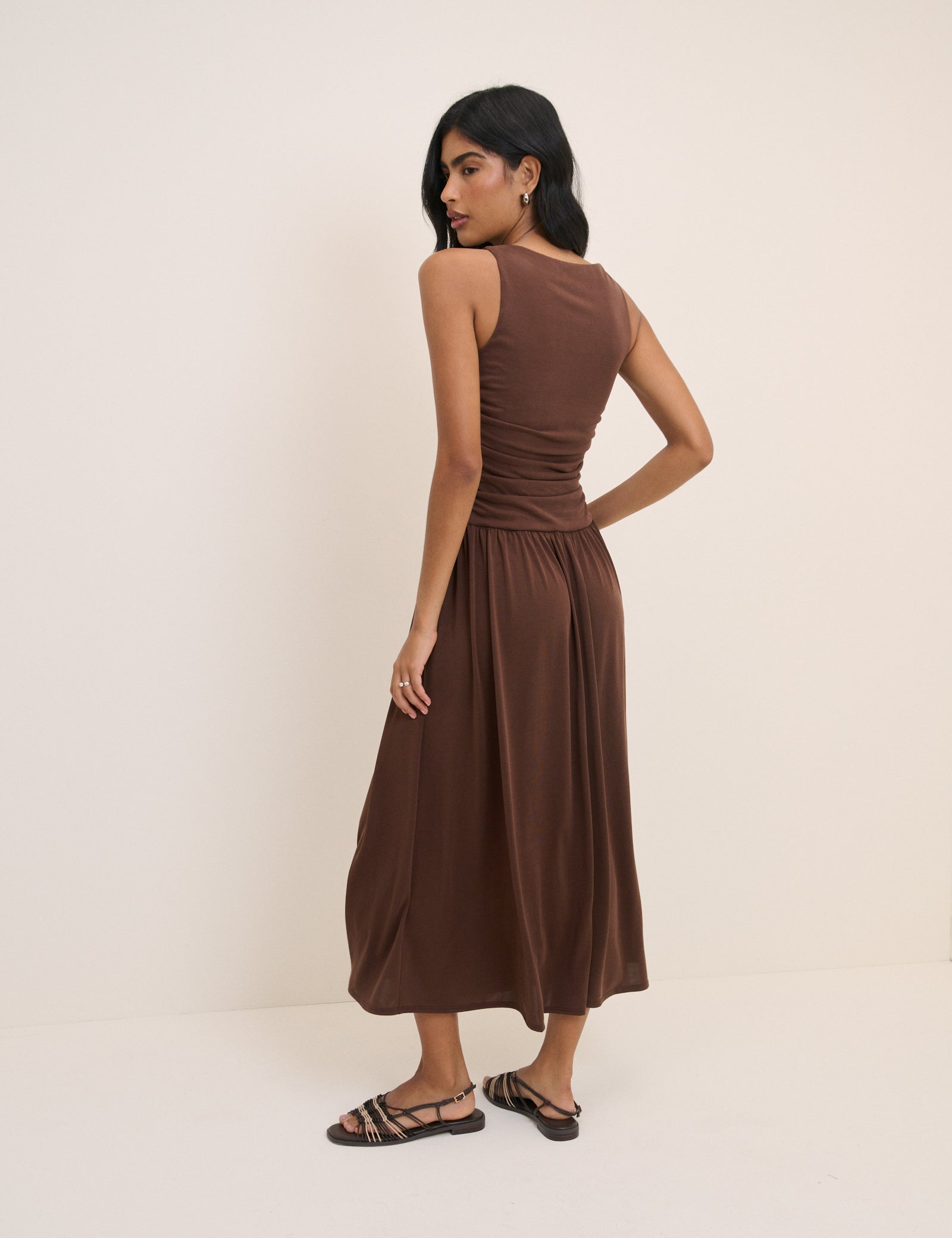 Brown Ruched Jersey Sleeveless Natalie Midi Dress