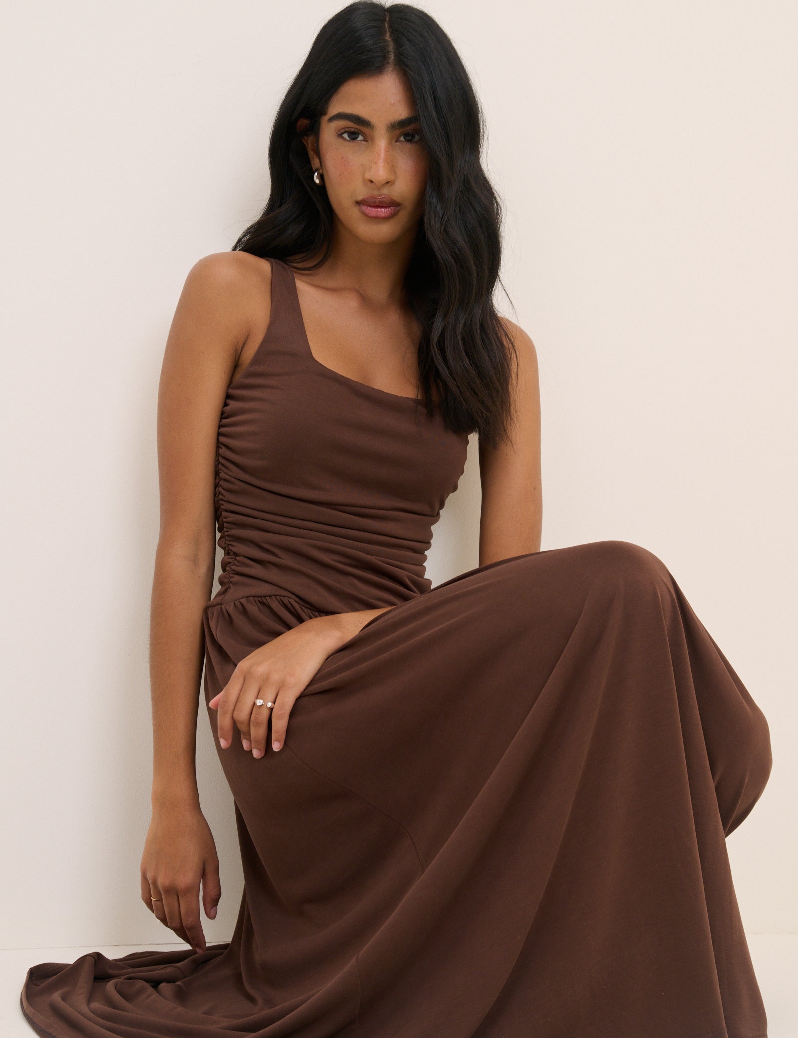 Brown Ruched Jersey Sleeveless Natalie Midi Dress Brown Ruched Jersey Sleeveless Natalie Midi Dress