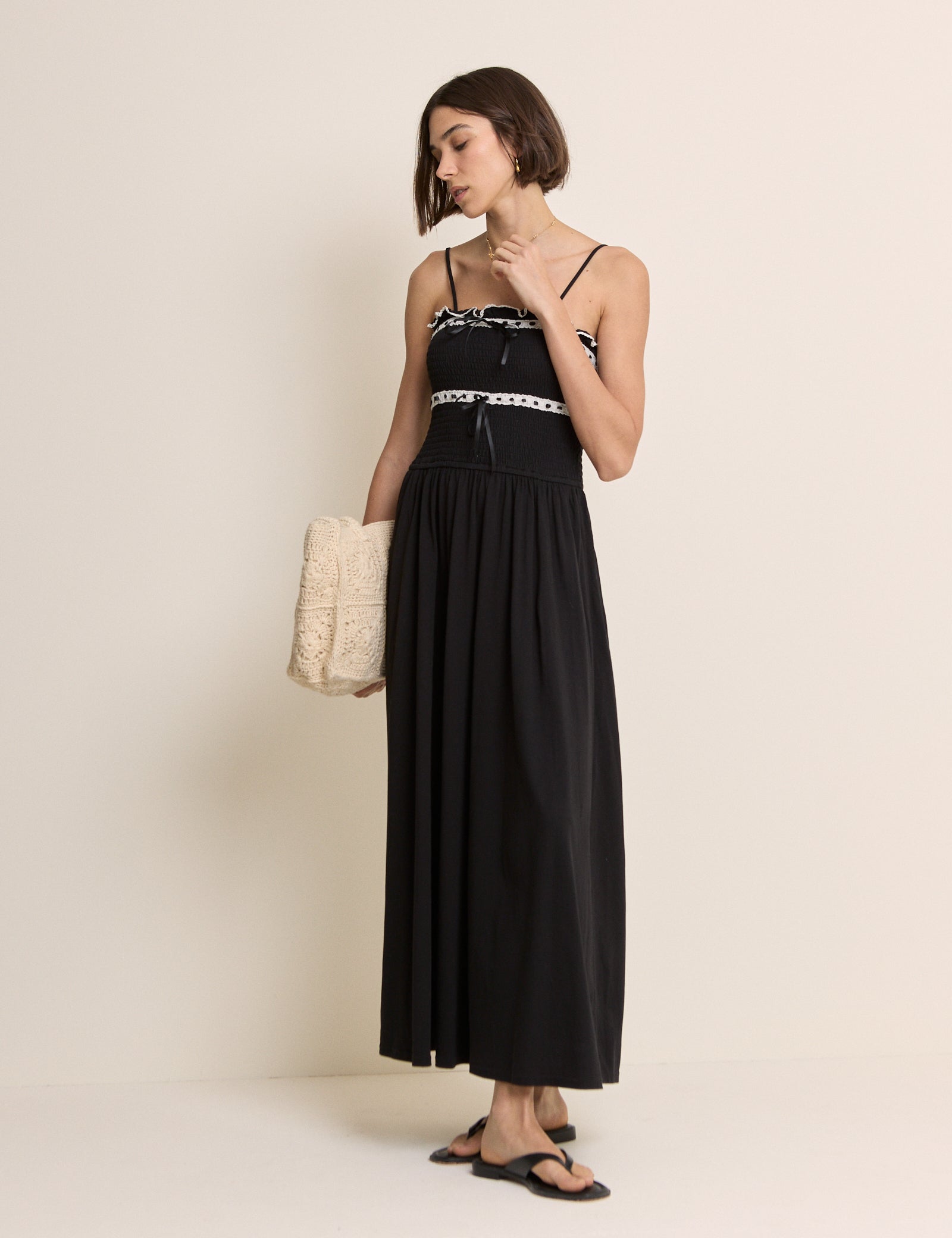 Black Shirred Ruffle Trim Ferne Midi Dress