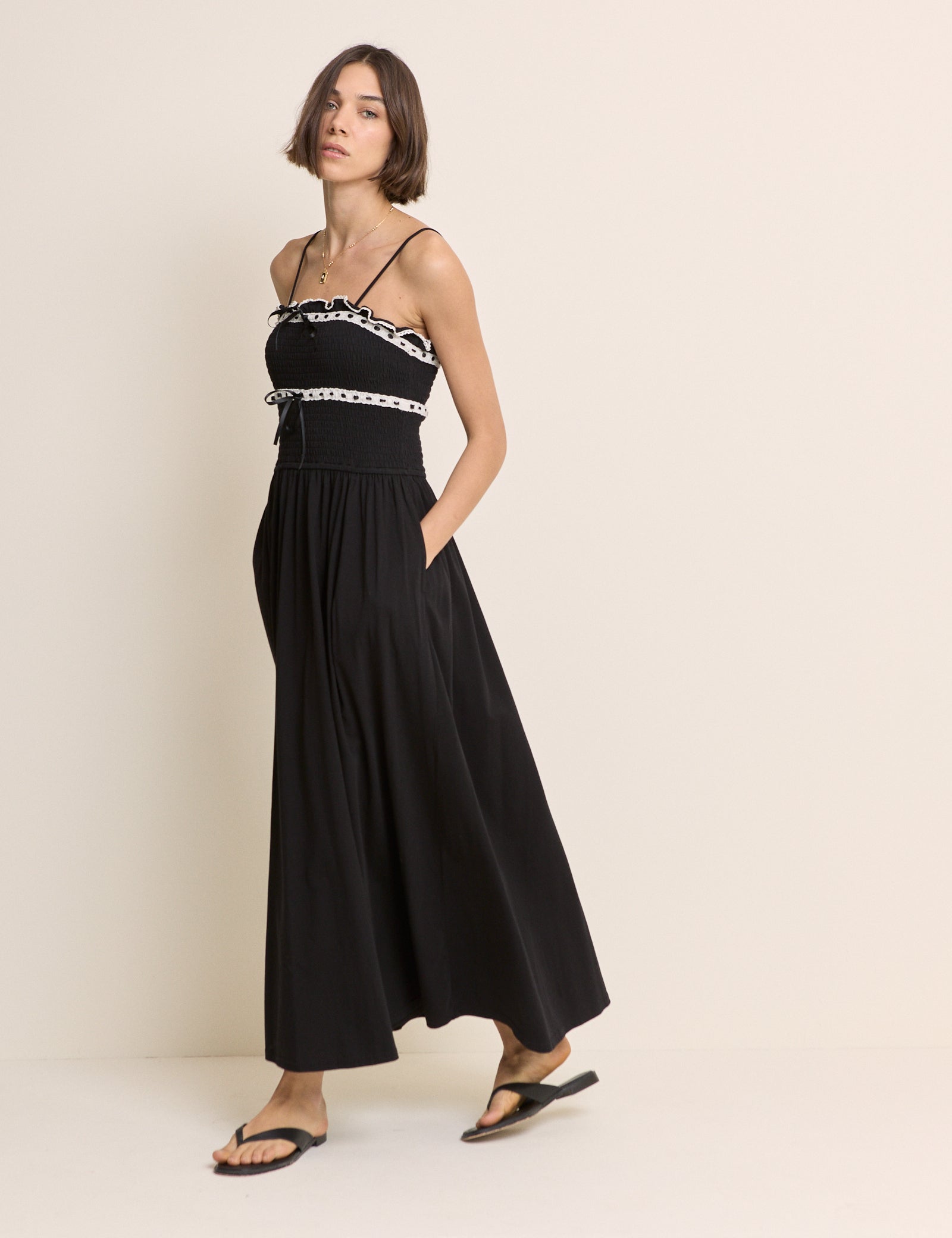 Black Shirred Ruffle Trim Ferne Midi Dress