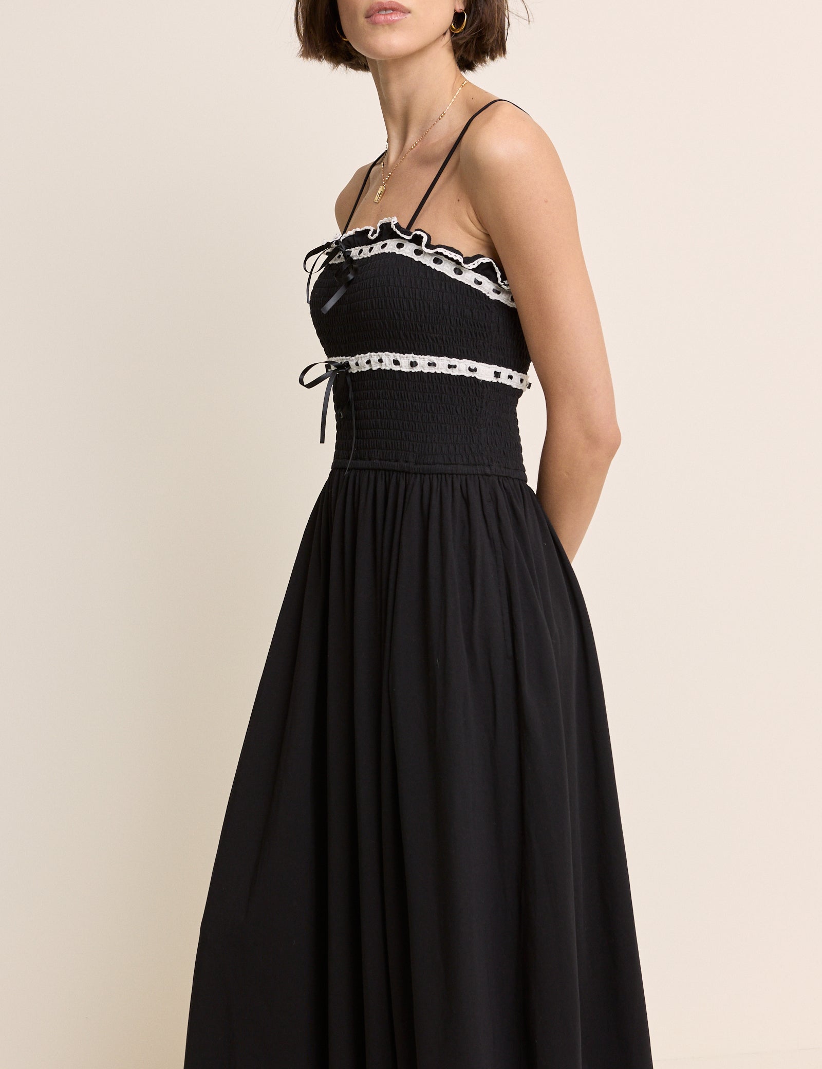 Black Shirred Ruffle Trim Ferne Midi Dress