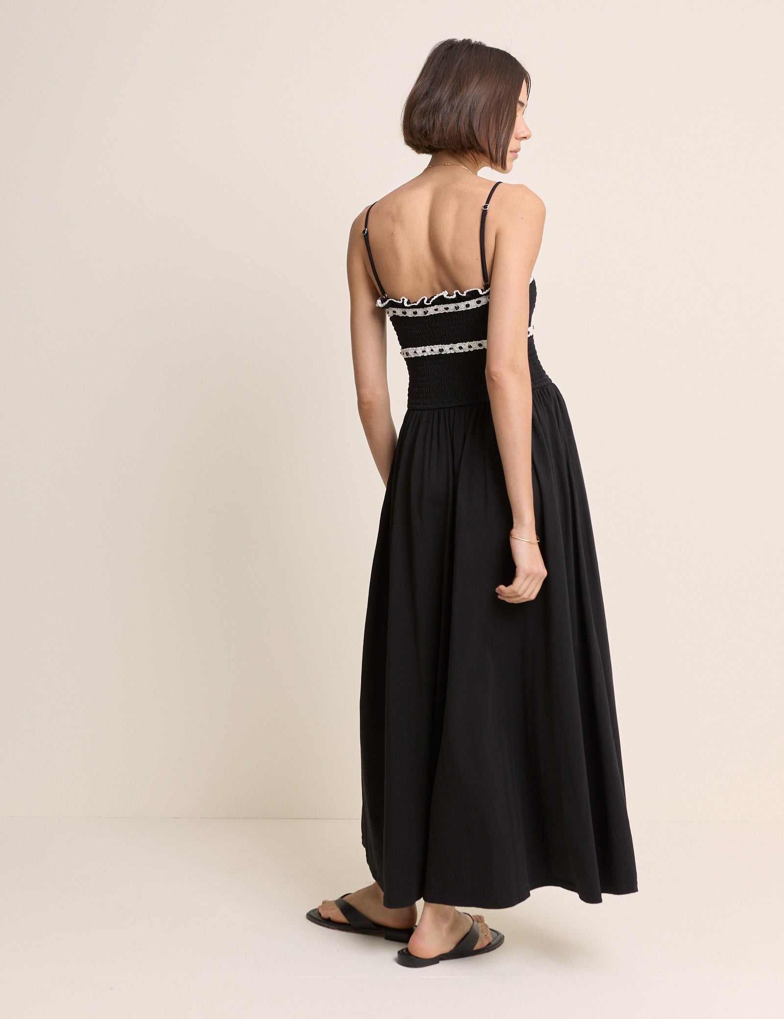 Black Shirred Ruffle Trim Ferne Midi Dress