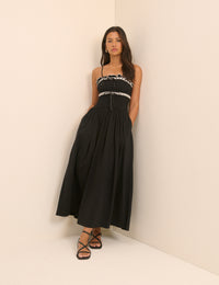 Black Shirred Ruffle Trim Ferne Midi Dress