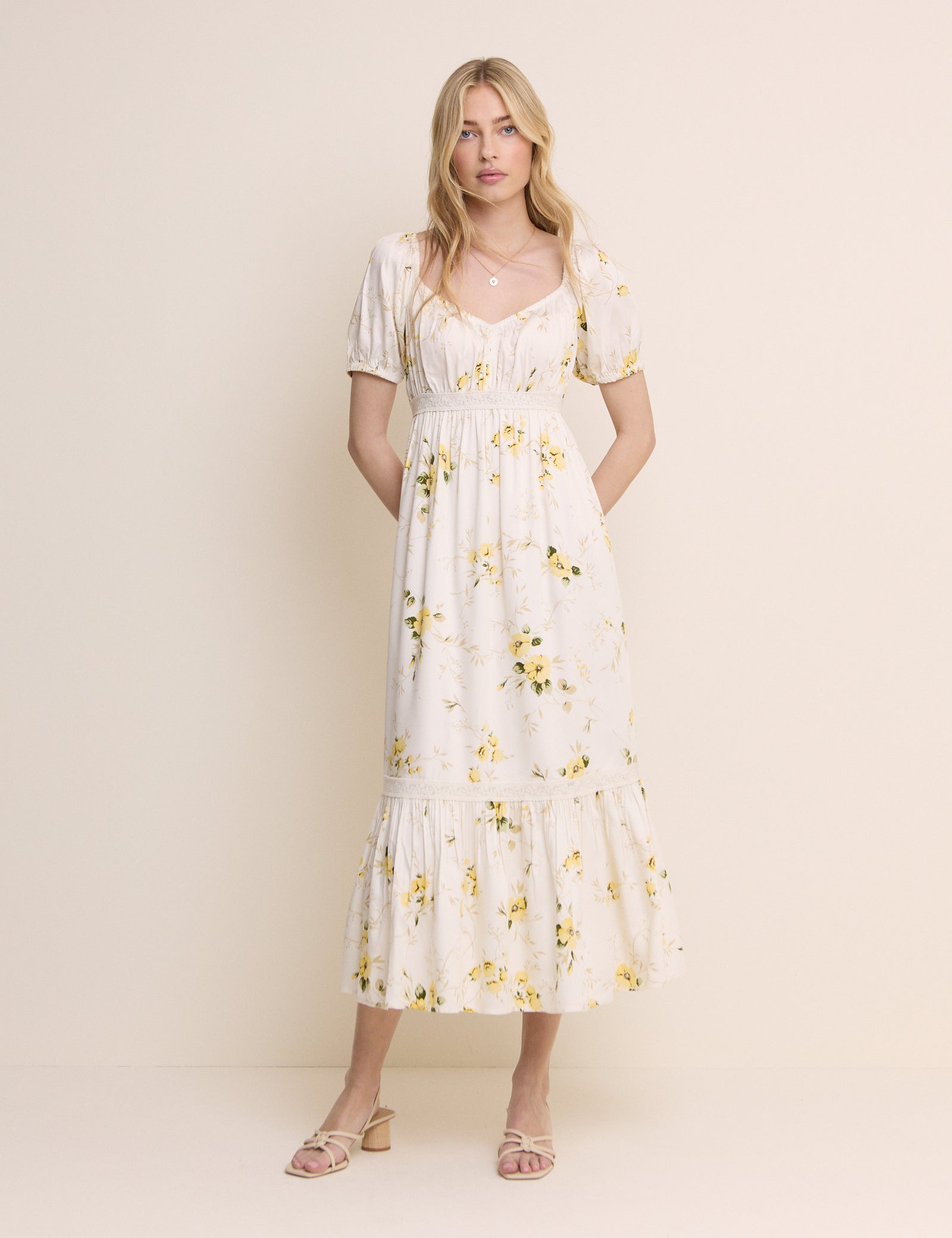 White Floral Puff Sleeve Maryam Midi Dress