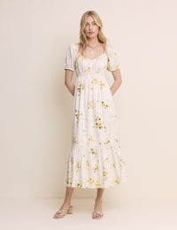 White Floral Puff Sleeve Maryam Midi Dress