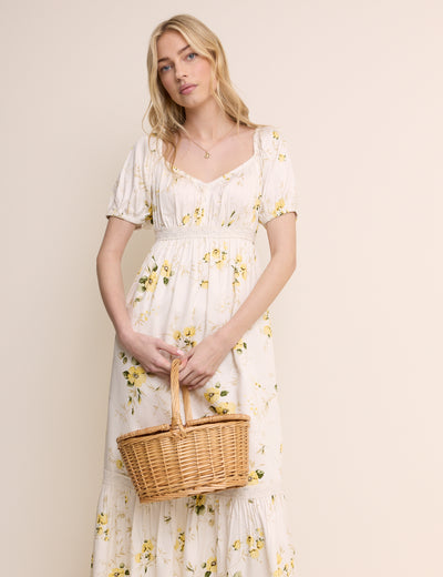 White Floral Puff Sleeve Maryam Midi Dress