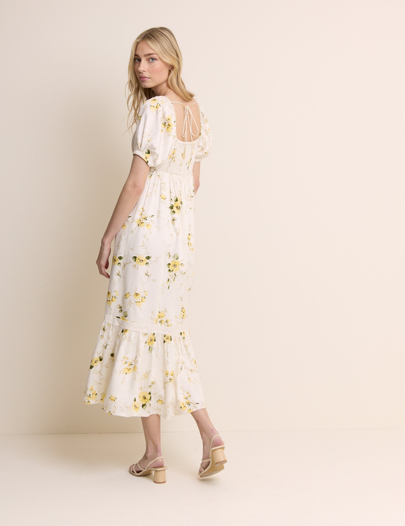 White Floral Puff Sleeve Maryam Midi Dress