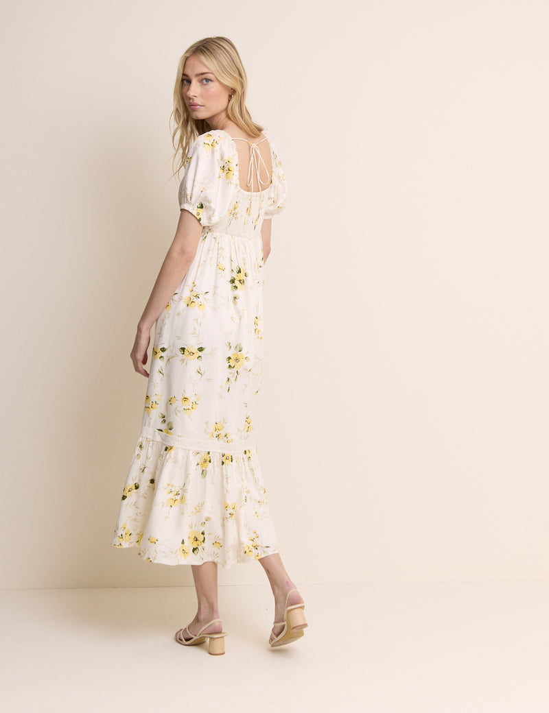 White Floral Puff Sleeve Maryam Midi Dress