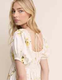 White Floral Puff Sleeve Maryam Midi Dress