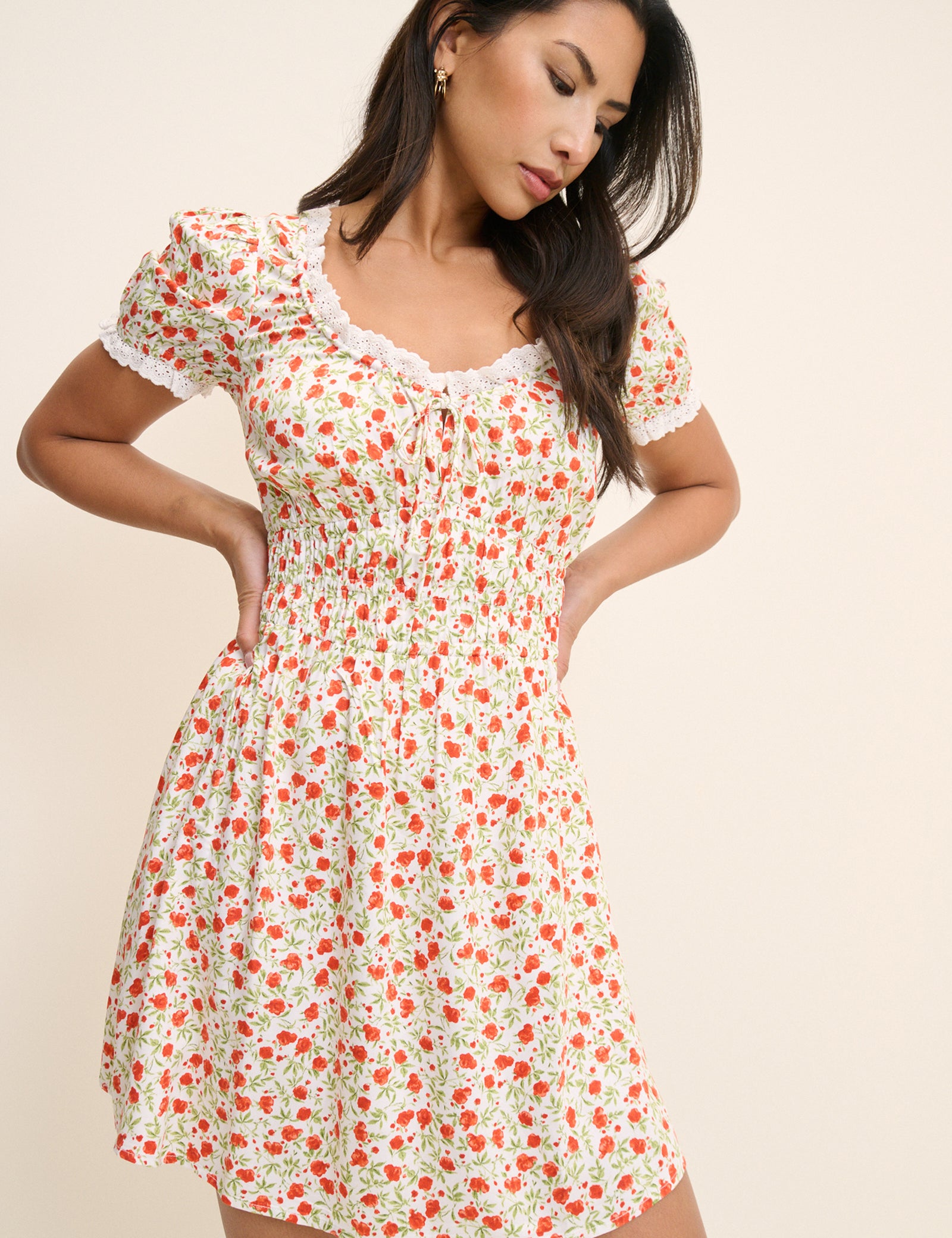 Red Floral Lace Trim Selena Mini Dress