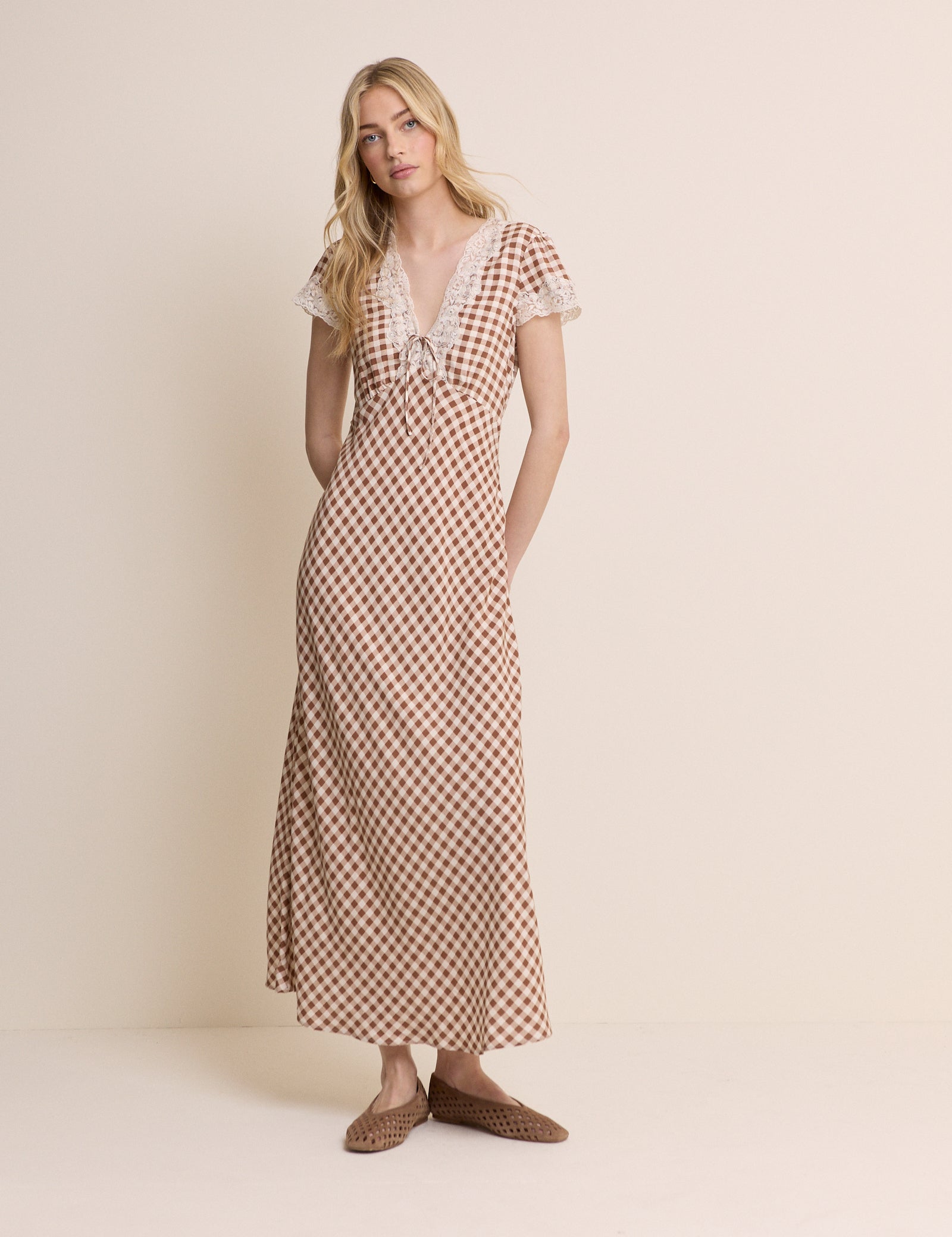 Brown Gingham Lace Trim Aida Midi Dress