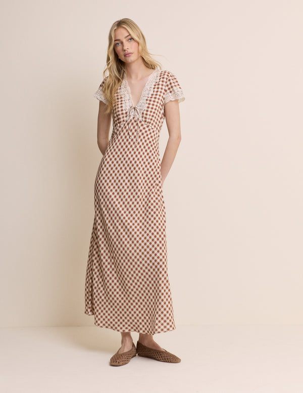 Brown Gingham Lace Trim Aida Midi Dress
