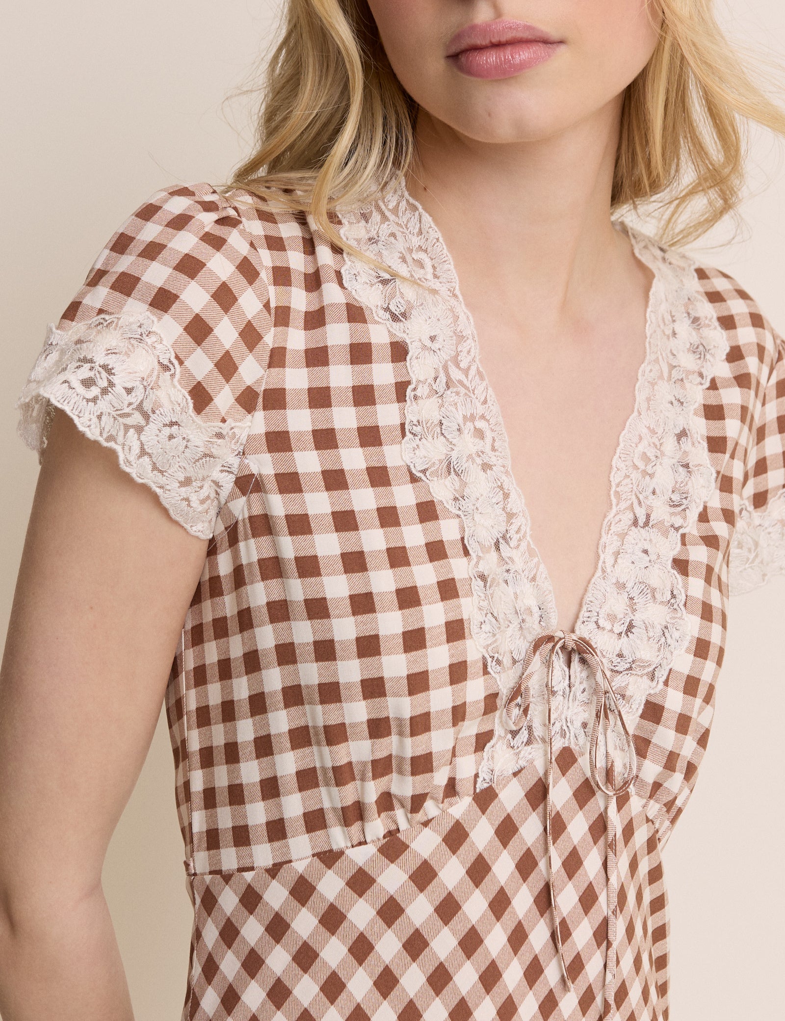 Brown Gingham Lace Trim Aida Midi Dress Brown Gingham Lace Trim Aida Midi Dress