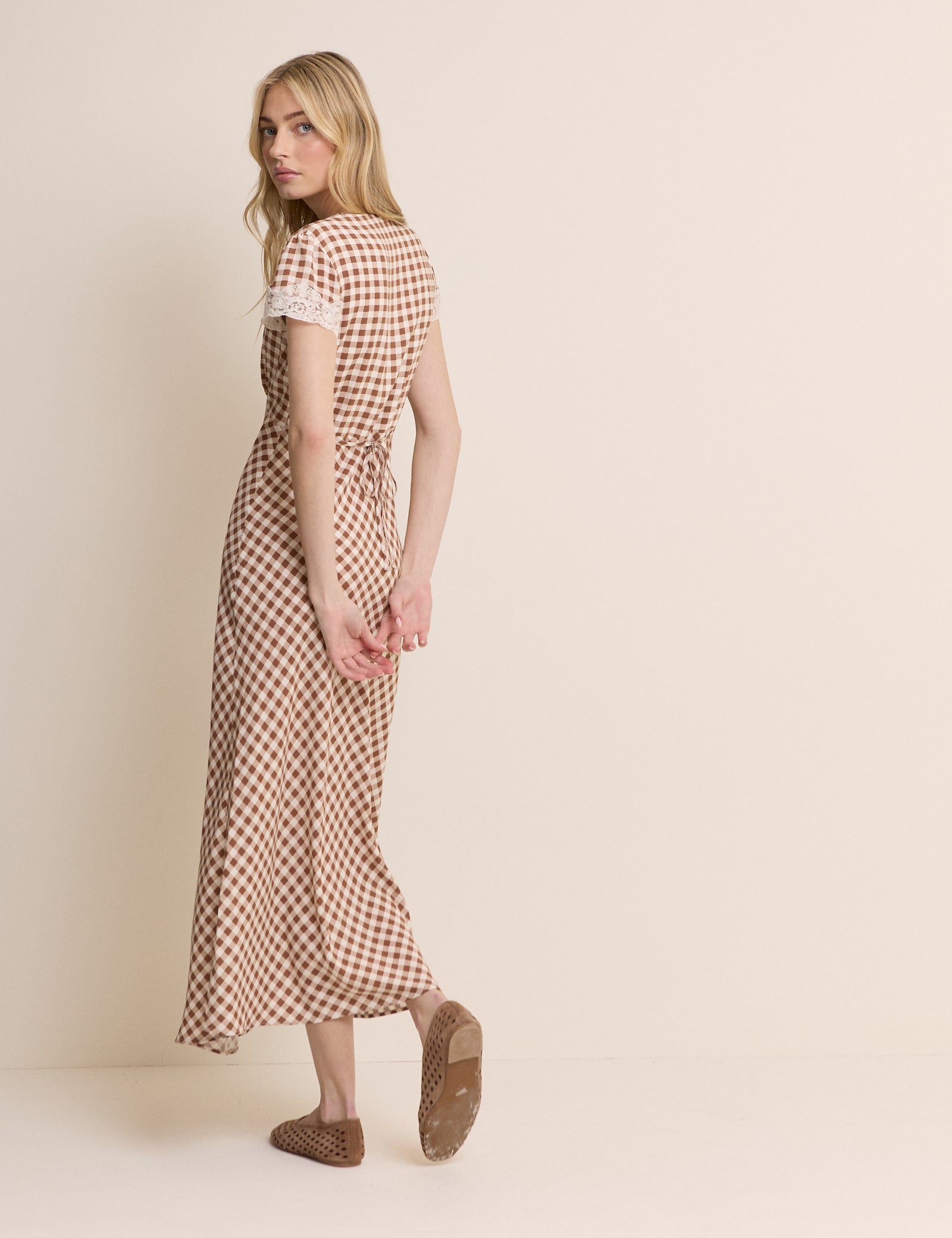 Brown Gingham Lace Trim Aida Midi Dress