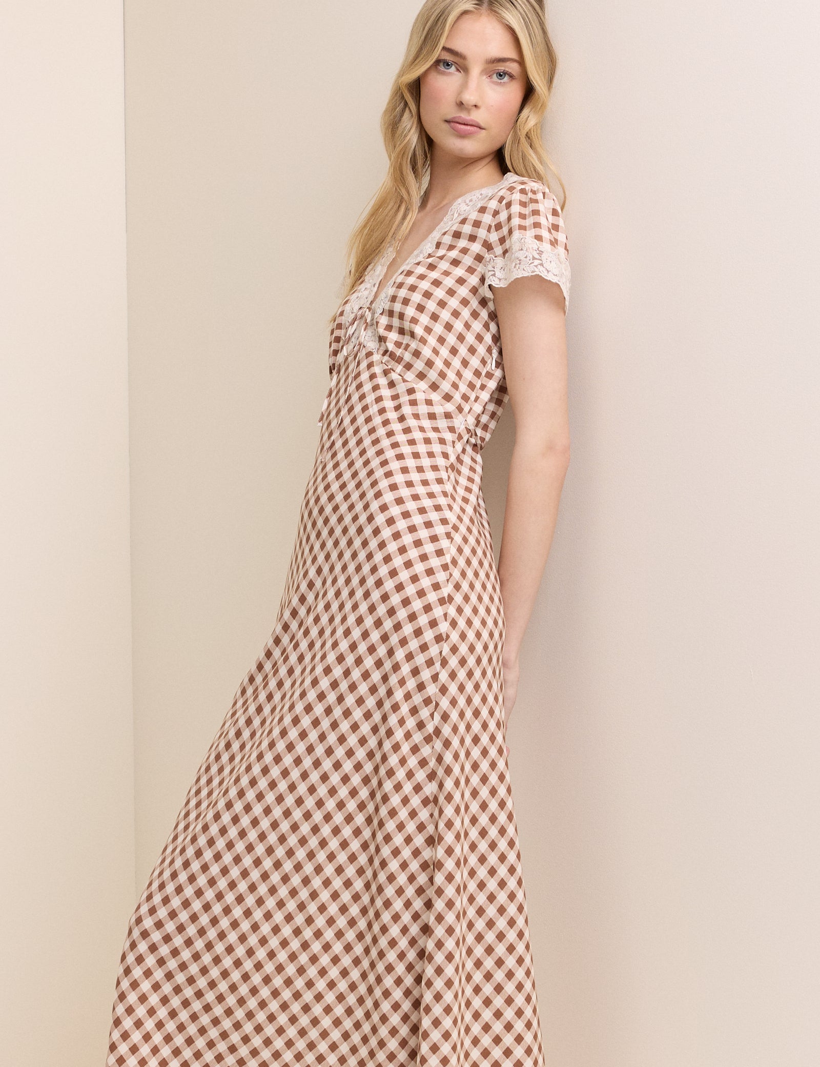 Brown Gingham Lace Trim Aida Midi Dress