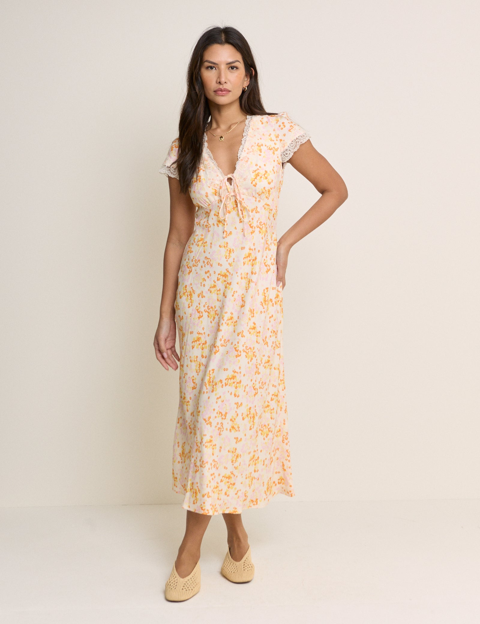 Orange Floral Lace Trim Aida Midi Dress Orange Floral Lace Trim Aida Midi Dress