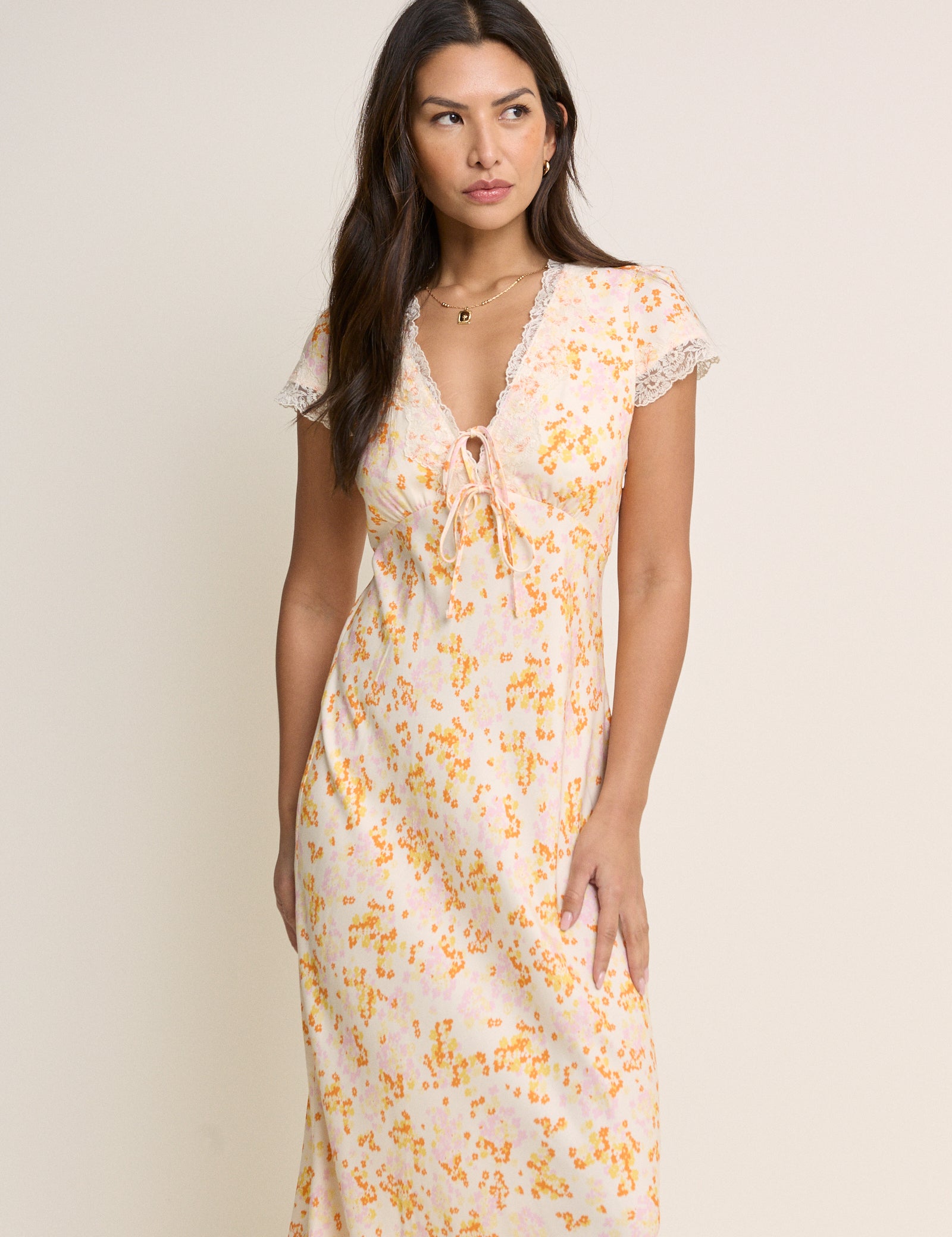 Orange Floral Lace Trim Aida Midi Dress Orange Floral Lace Trim Aida Midi Dress