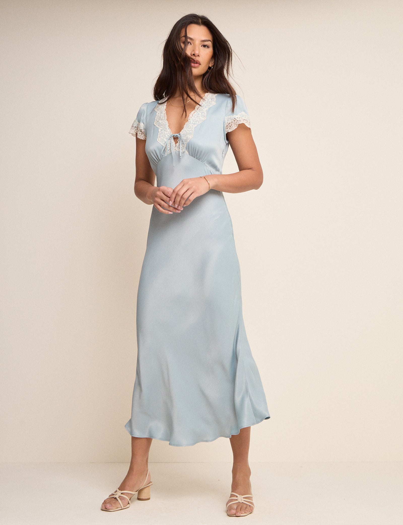 Aida Midi Tie Detail Short Sleeve Lace Trim Dress