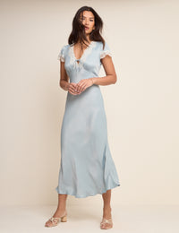 Blue Lace Trim V-Neck Satin Aida Midi Dress