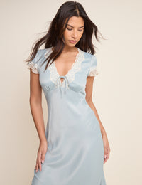 Blue Lace Trim V-Neck Satin Aida Midi Dress