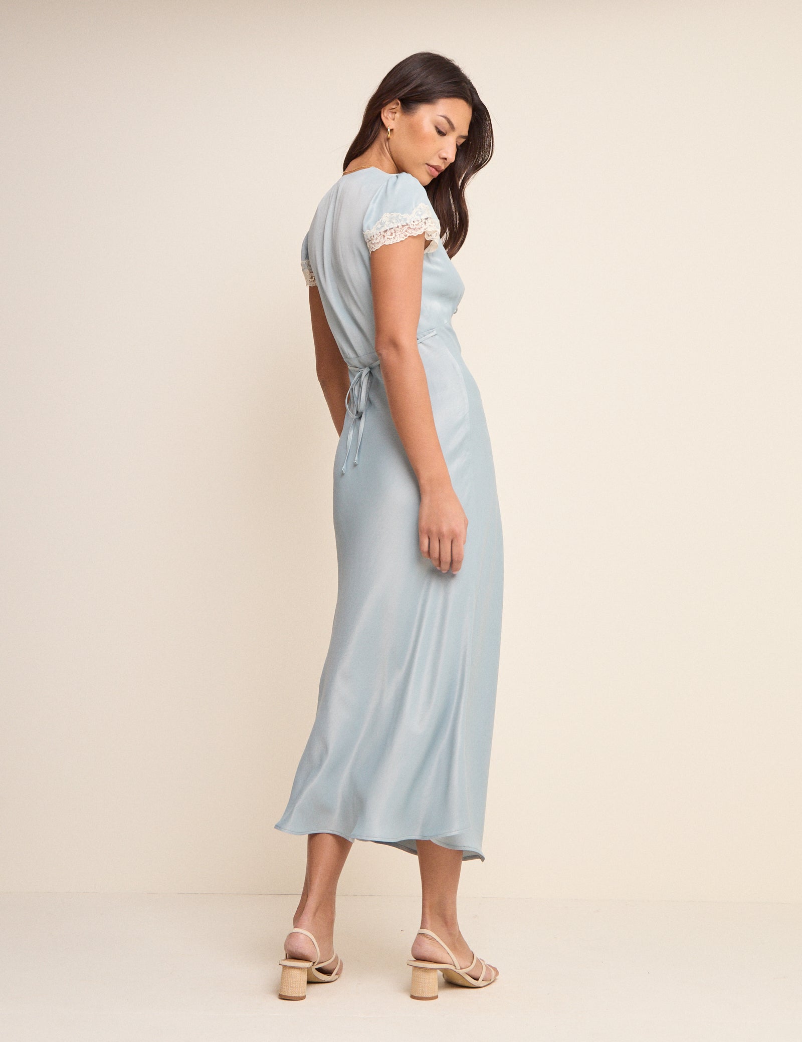 Blue Lace Trim V-Neck Satin Aida Midi Dress