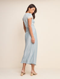 Blue Lace Trim V-Neck Satin Aida Midi Dress