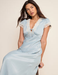 Blue Lace Trim V-Neck Satin Aida Midi Dress