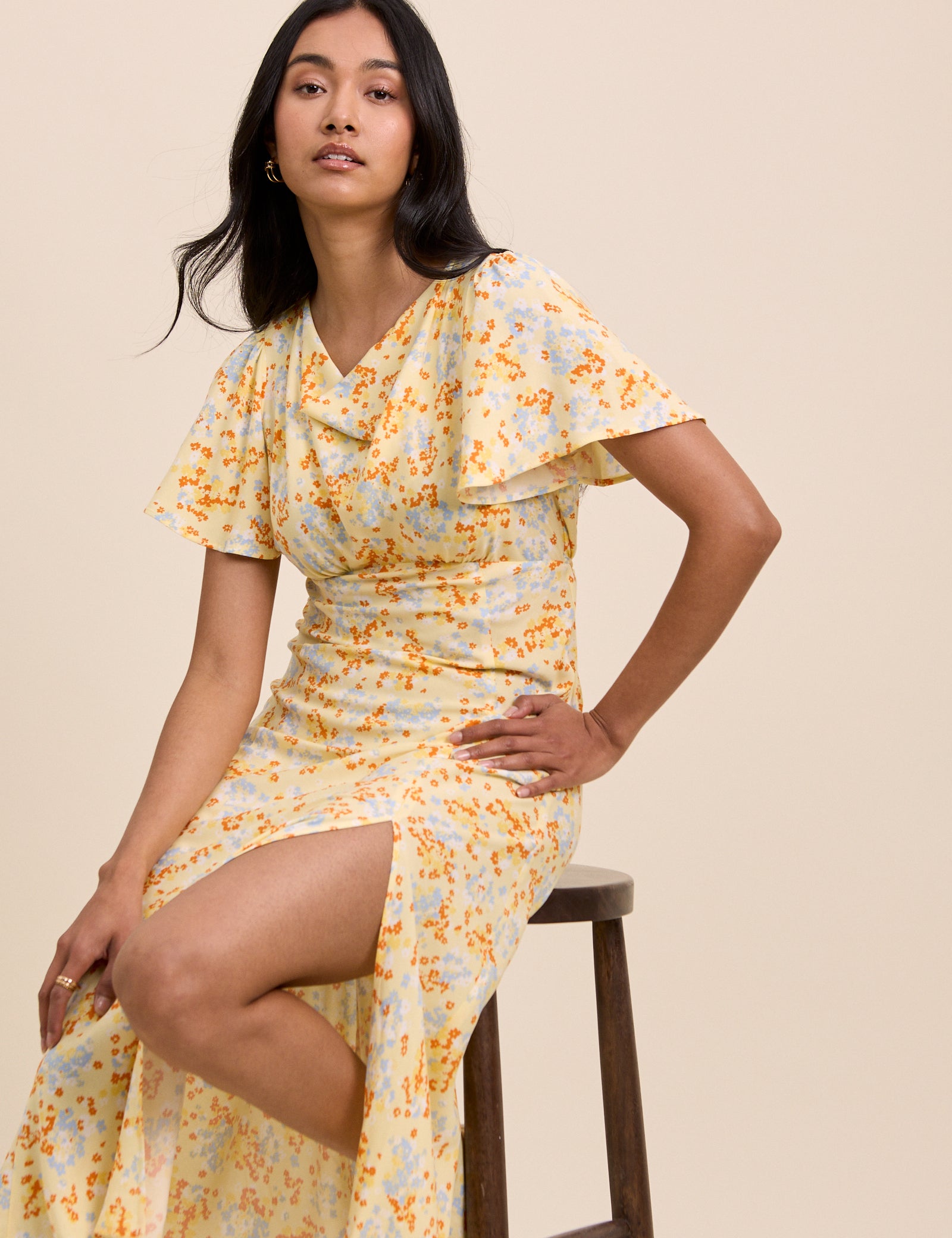 Butter Yellow Cowl Neck Cheryl Midi Dress