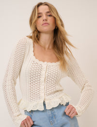Cream Crochet Frill Button Through Top