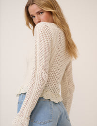 Cream Crochet Frill Button Through Top