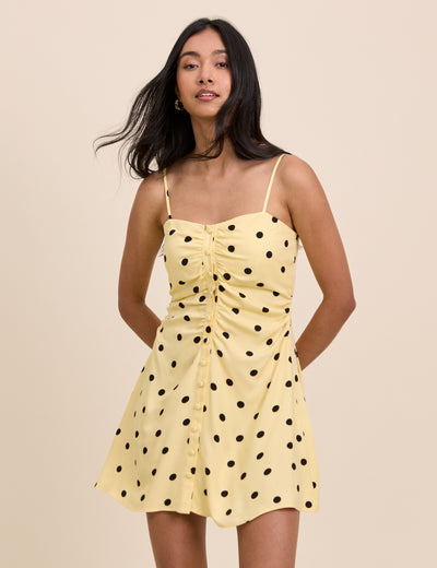 Yellow Polka Dot Button Front Cerys Mini Dress
