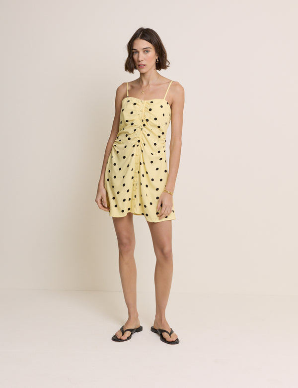 Yellow Polka Dot Button Front Cerys Mini Dress