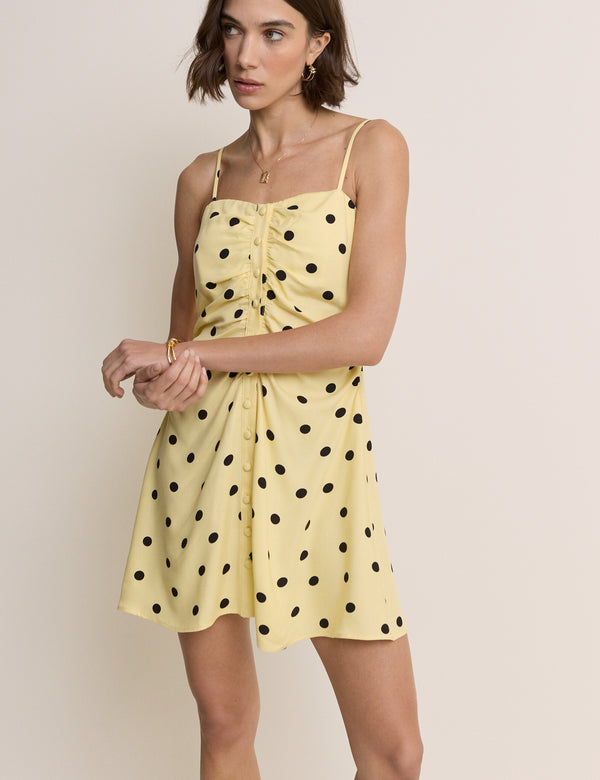 Yellow Polka Dot Button Front Cerys Mini Dress