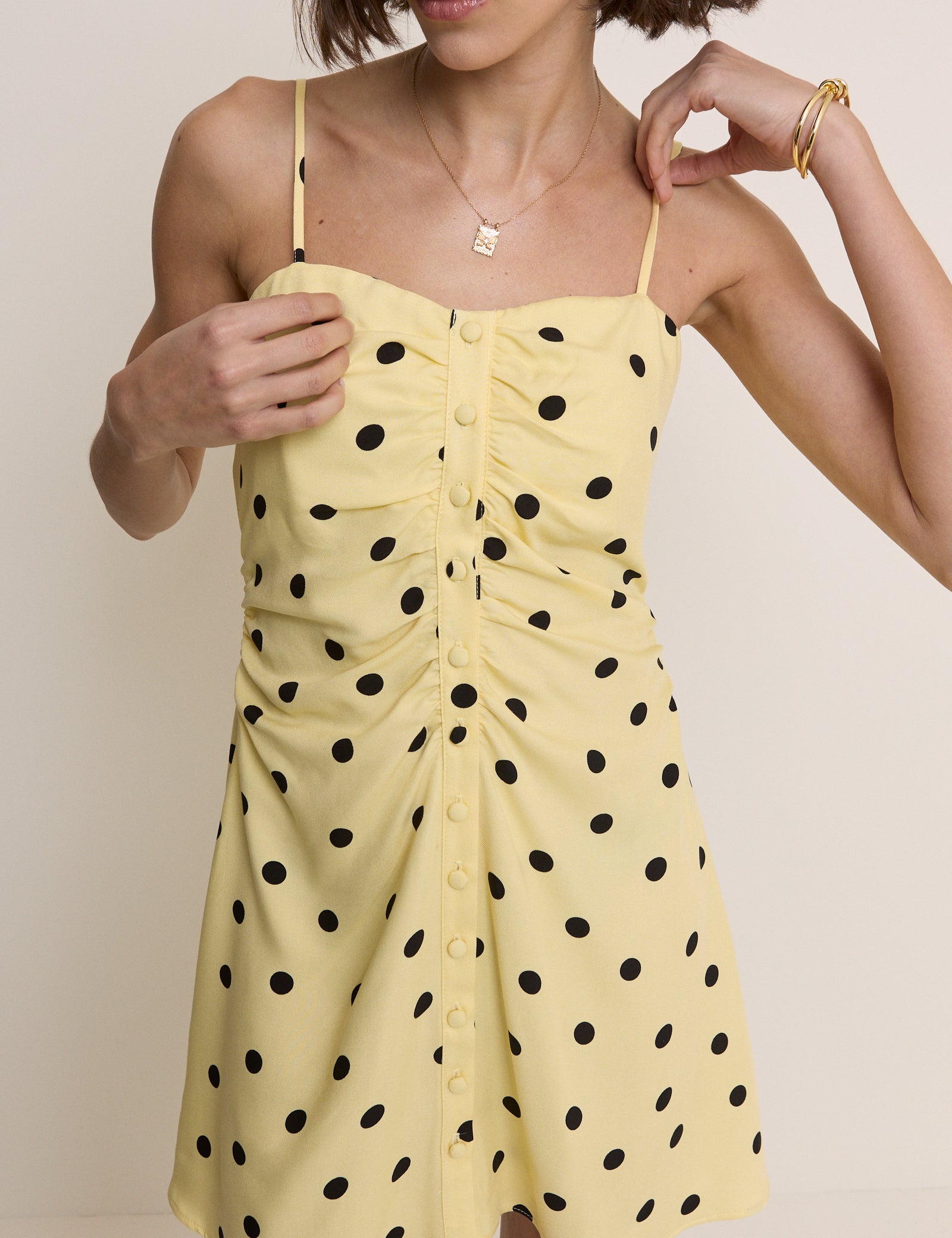 Yellow Polka Dot Button Front Cerys Mini Dress